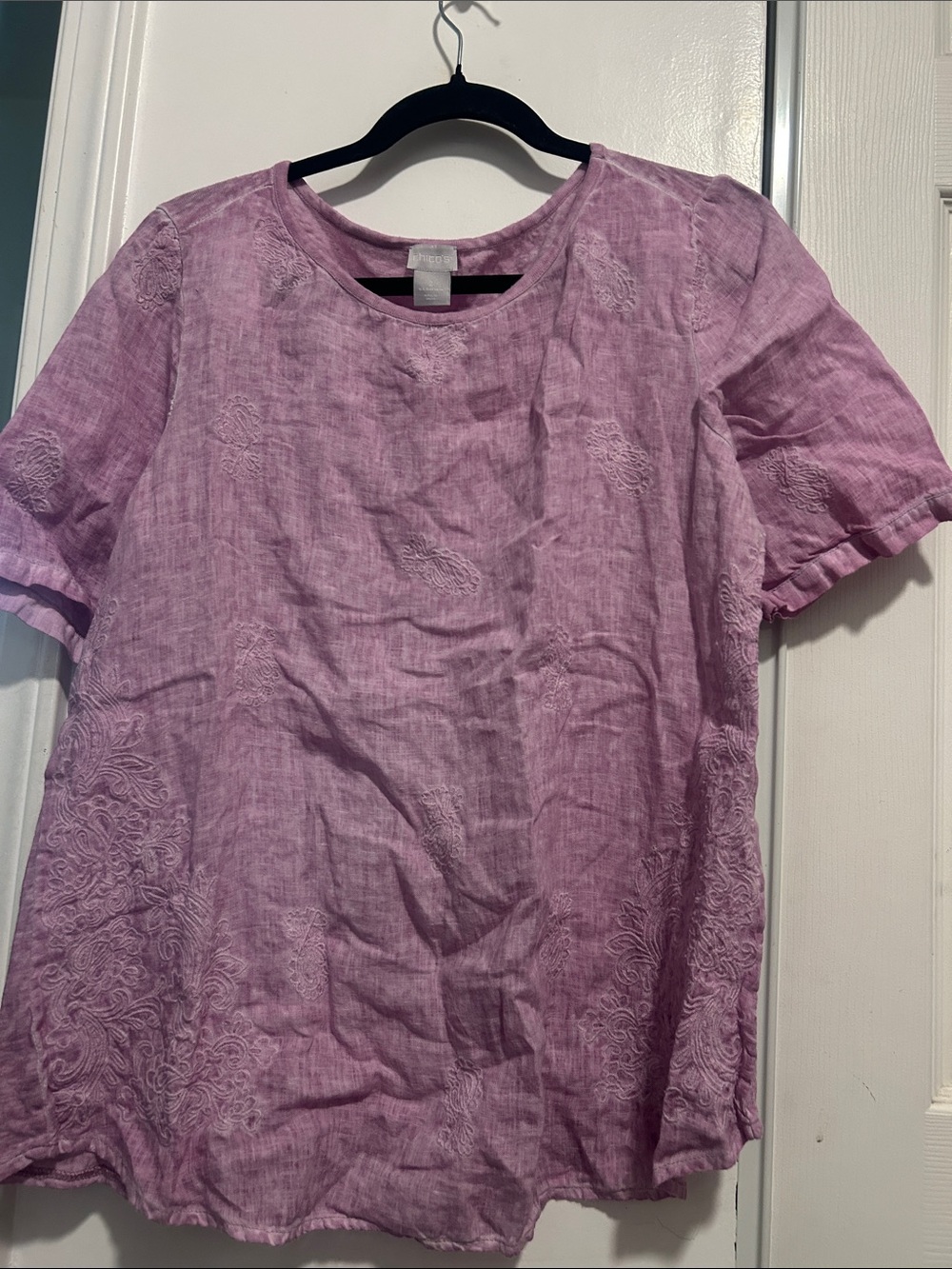 Chico's Lavender Embroidered Short Sleeve Linen-Blend Top
